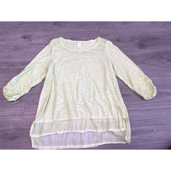 Chicos Top Lime Green Smocked Details Coastal Resort Cruise Rouched Sleeve - Picture 1 of 6